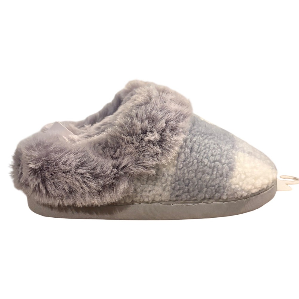 Cuddl Duds Womens Gray Sherpa Faux Fur Slippers Size S 5-6 Plaid House Shoes NWT